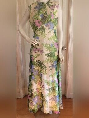 Vintage 70s Sheer Overlay Floral Lined Maxi Dress 14